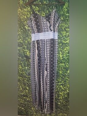No Boundaries Black and White Patterned Jumpsuit with Crochet Waist